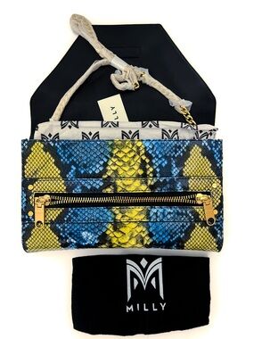 Milly Blue and Yellow Snake-Print Chain Crossbody Bag